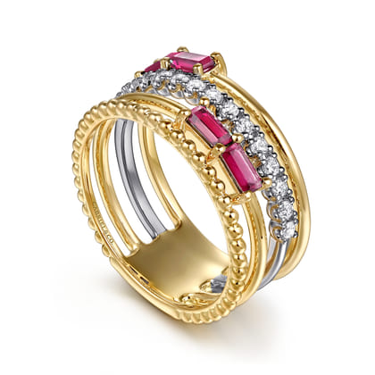 14K White  Yellow Gold Baguette Ruby and Diamond Easy Stackable Ring