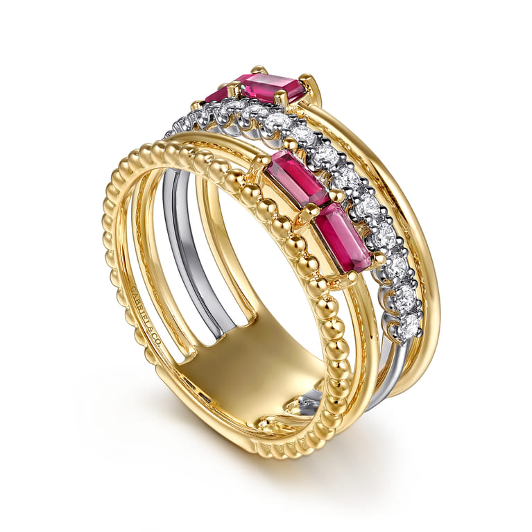 14K White  Yellow Gold Baguette Ruby and Diamond Easy Stackable Ring - 0.2 ct - Shot 3