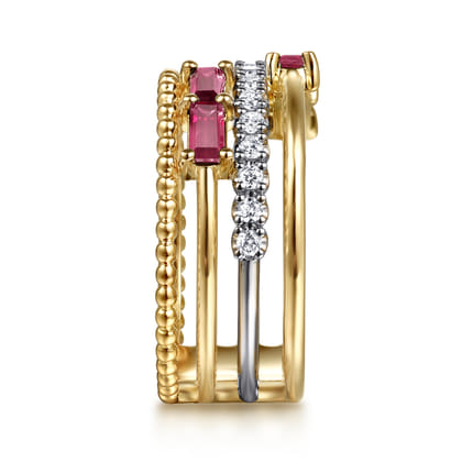 14K White  Yellow Gold Baguette Ruby and Diamond Easy Stackable Ring