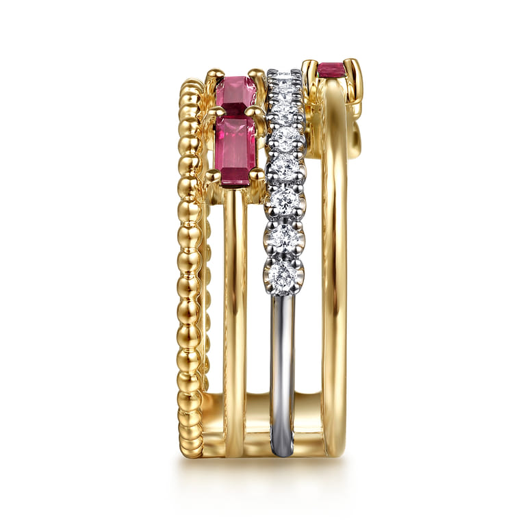 14K White  Yellow Gold Baguette Ruby and Diamond Easy Stackable Ring - 0.2 ct - Shot 4