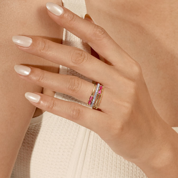 14K White  Yellow Gold Baguette Ruby and Diamond Easy Stackable Ring