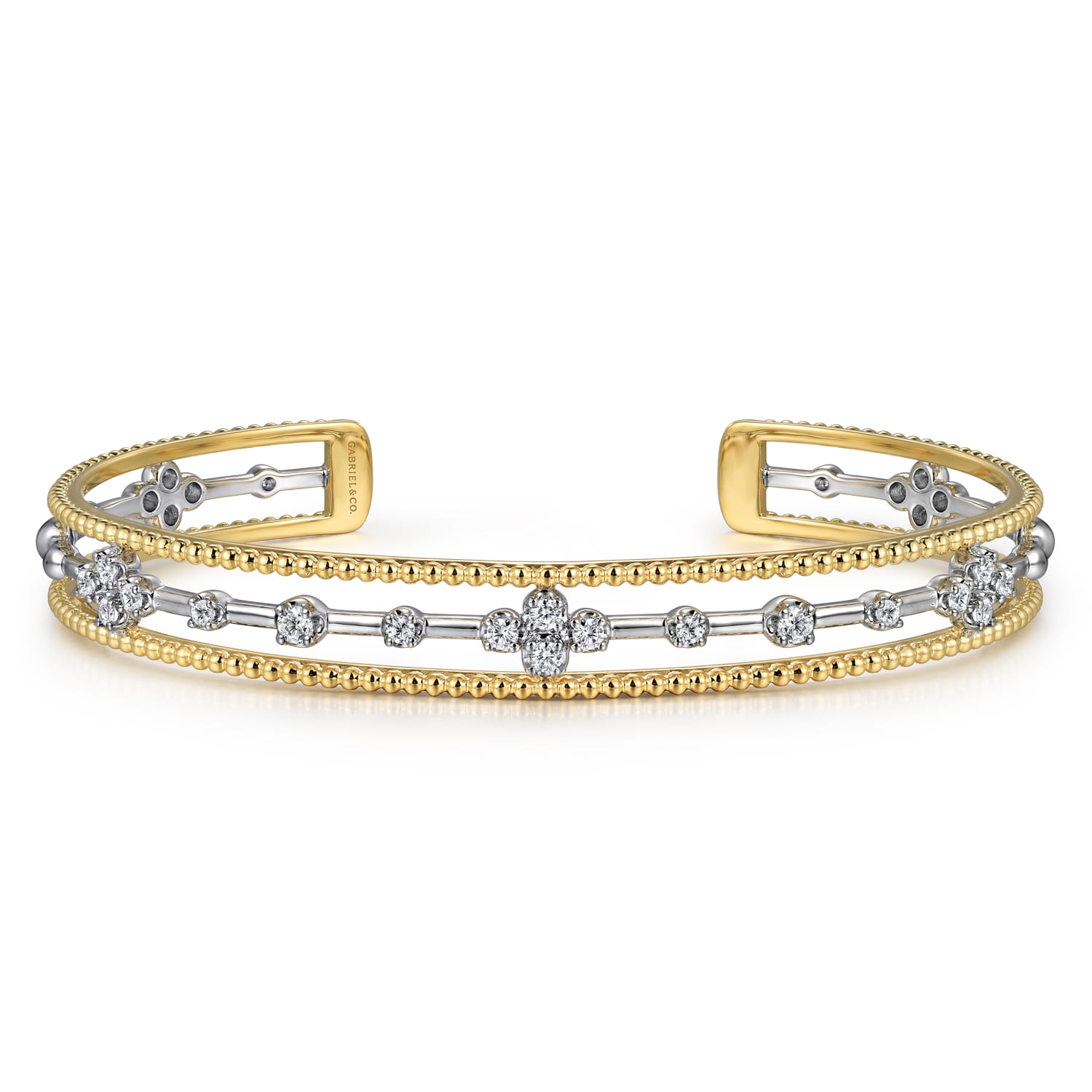 14K White  Yellow Gold Beaded Diamond Cuff Bangle Bracelet 0.4ct-Bujukan - 0.4 ct - Shot 1