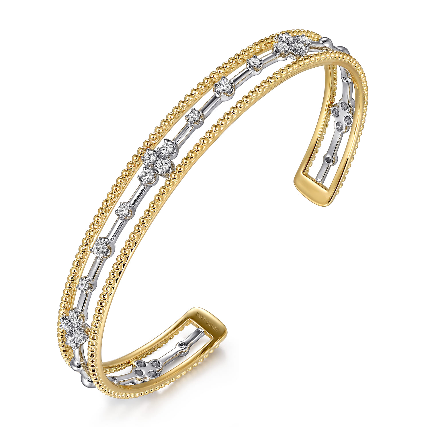 14K White  Yellow Gold Beaded Diamond Cuff Bangle Bracelet 0.4ct-Bujukan - 0.4 ct - Shot 2
