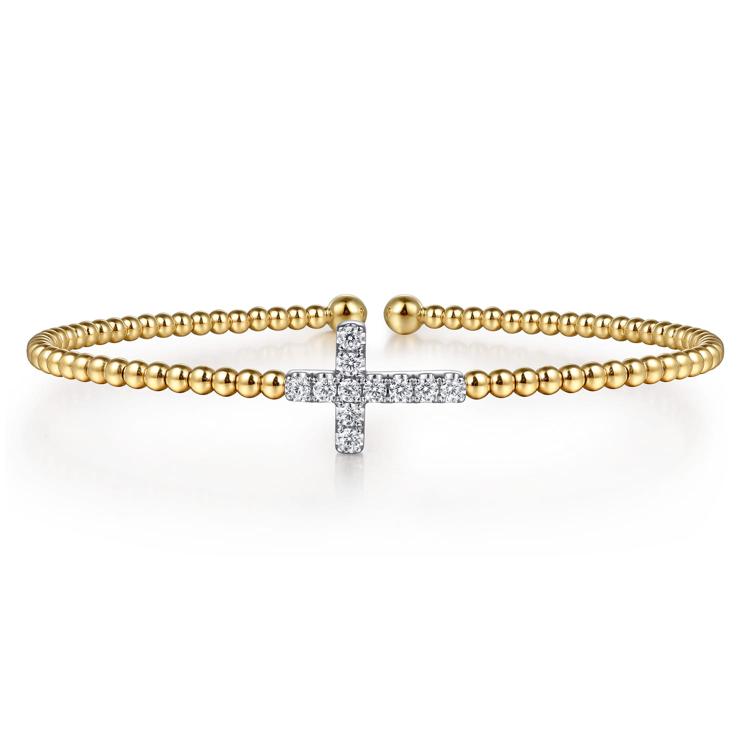 14K White  Yellow Gold Beaded Diamond Cuff Bangle Bracelet 6.25 inch-Bujukan - 0.3 ct - Shot 1