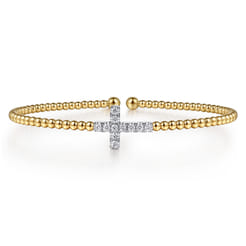 14K White  Yellow Gold Beaded Diamond Cuff Bangle Bracelet 6.25 inch-Bujukan