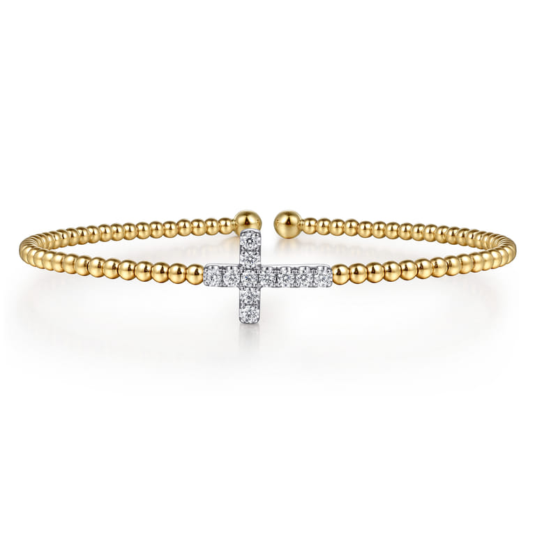 14K White  Yellow Gold Beaded Diamond Cuff Bangle Bracelet 6.25 inch-Bujukan - 0.3 ct - Shot 1