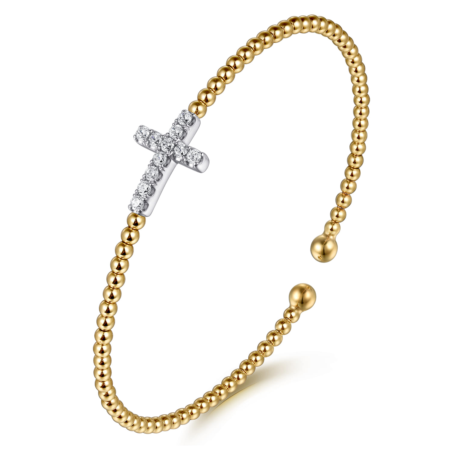 14K White  Yellow Gold Beaded Diamond Cuff Bangle Bracelet 6.25 inch-Bujukan - 0.3 ct - Shot 2