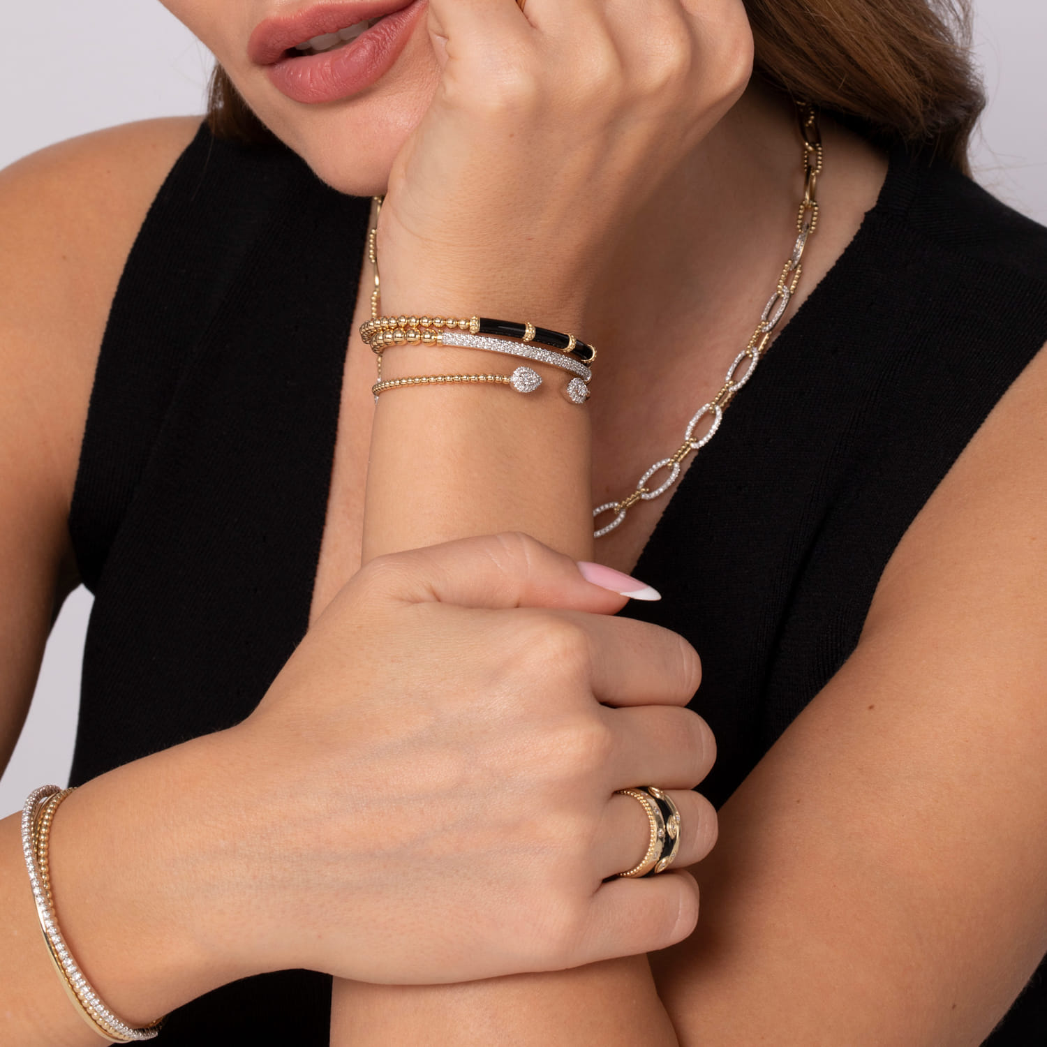 14K White  Yellow Gold Beaded Diamond Open Bangle Bracelet-Bujukan - 0.32 ct - Shot 5
