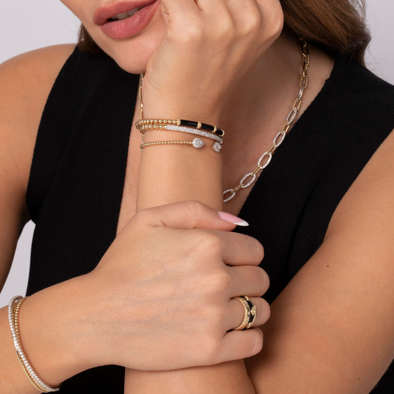 14K White  Yellow Gold Beaded Diamond Open Bangle Bracelet-Bujukan - 0.32 ct - Shot 5