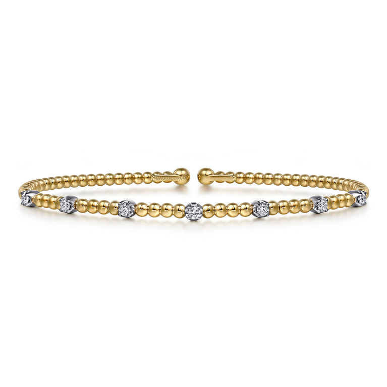 14K White Yellow Gold Beaded Diamond Stations Bangle-Bujukan - 0.21 ct - Shot 1