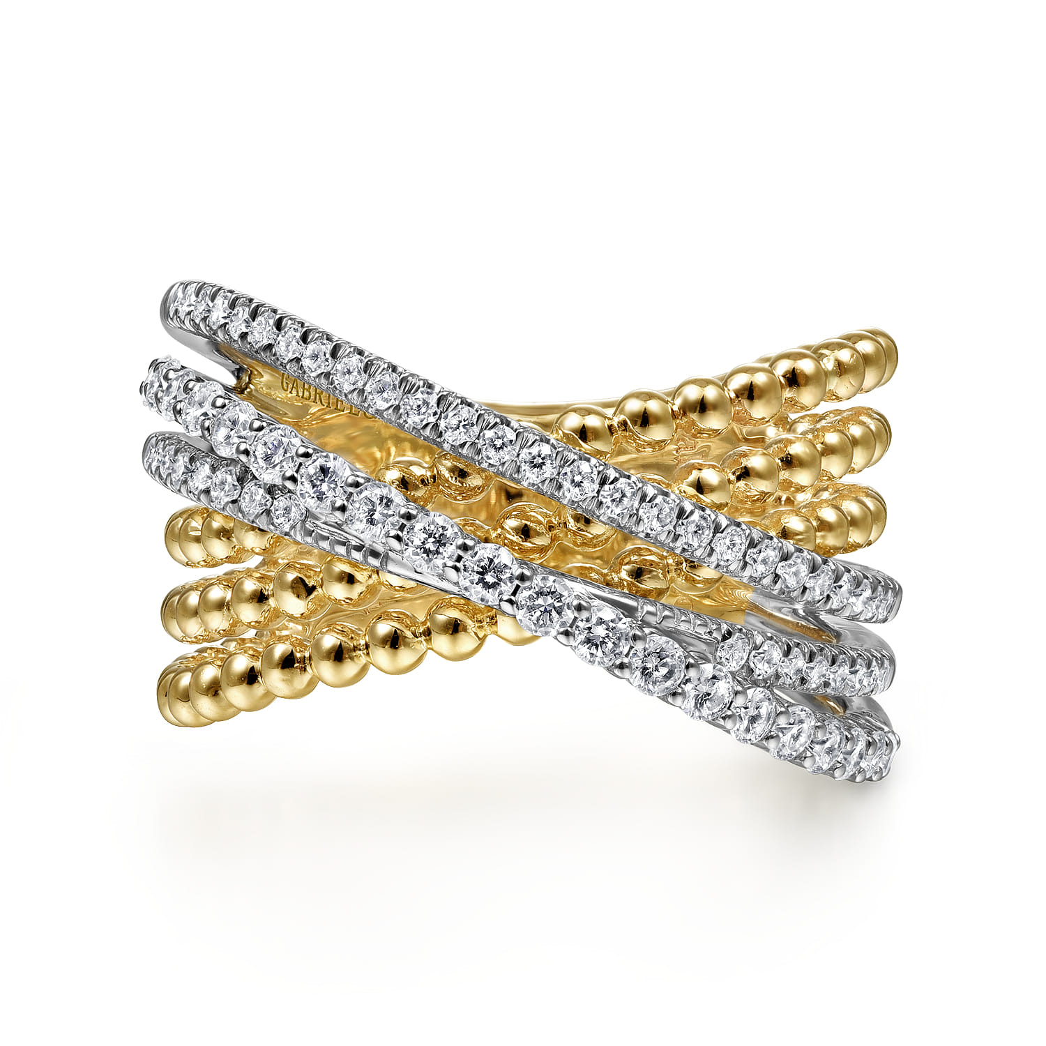 14K White-Yellow Gold Bujukan Ball and Diamond Criss Cross Ring - 0.5 ct - Shot 1