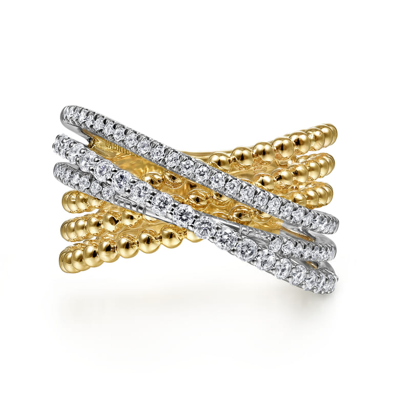 14K White-Yellow Gold Bujukan Ball and Diamond Criss Cross Ring - 0.5 ct - Shot 1