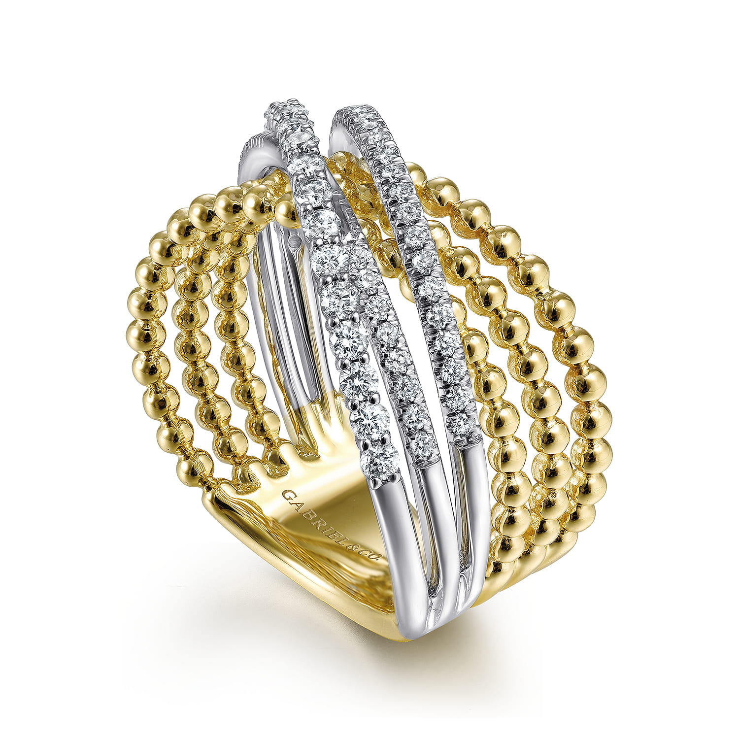 14K White-Yellow Gold Bujukan Ball and Diamond Criss Cross Ring - 0.5 ct - Shot 3
