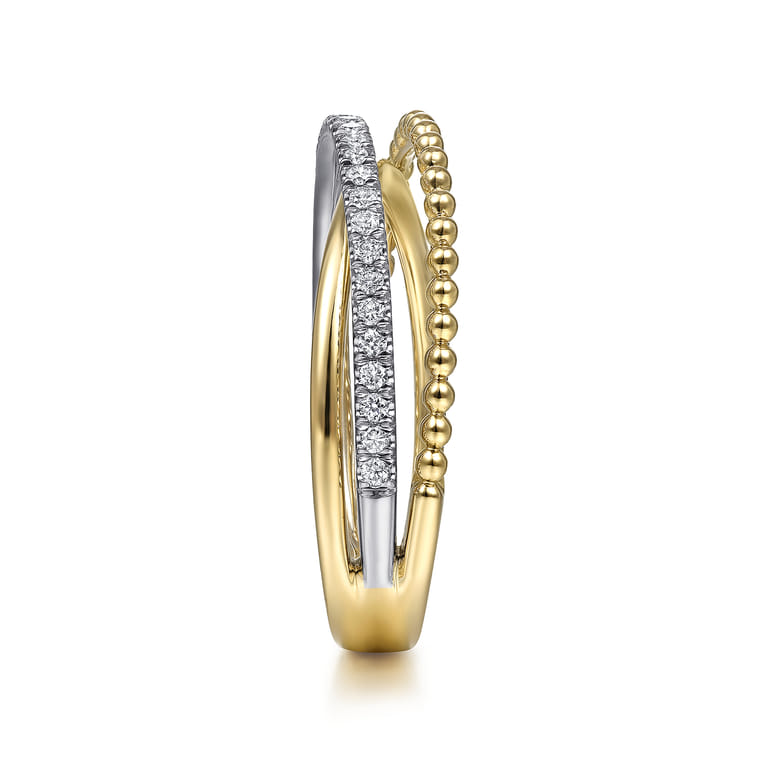 14K White-Yellow Gold Bujukan Ball and Diamond Criss Cross Ring - 0.2 ct - Shot 4