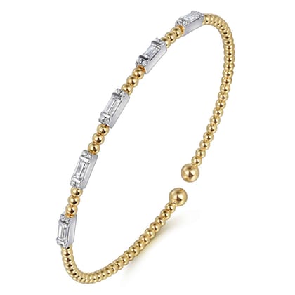 14K White-Yellow Gold Bujukan Bangle with Diamond Baguette Stations