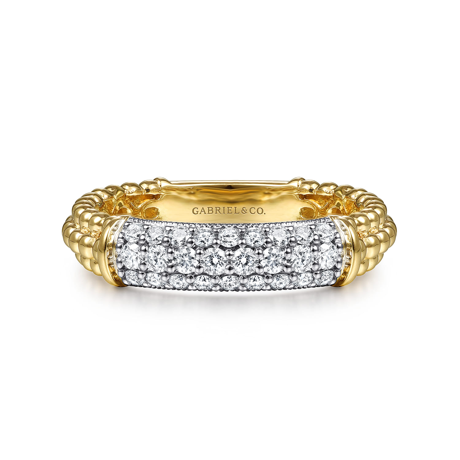 14K White-Yellow Gold Bujukan Bead Band with Diamond Pave Center Bar - 0.35 ct - Shot 1