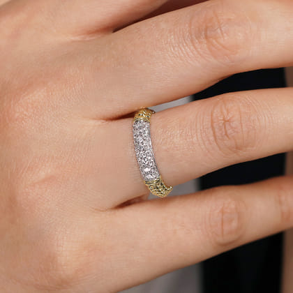 14K White-Yellow Gold Bujukan Bead Band with Diamond Pave Center Bar