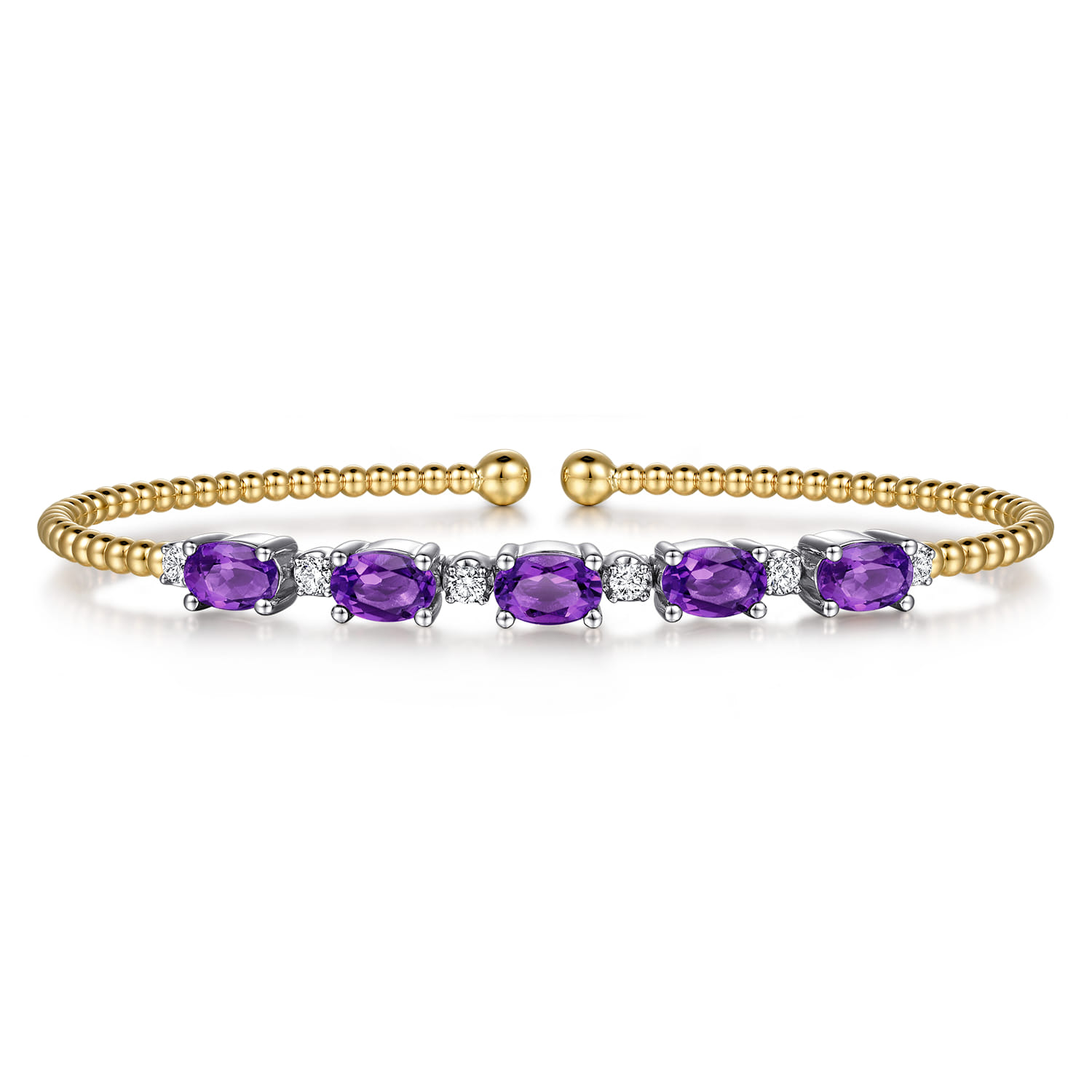 14K White-Yellow Gold Bujukan Bead Cuff Bracelet with Amethyst and Diamond Stations - 0.2 ct - Shot 1