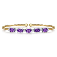 14K White-Yellow Gold Bujukan Bead Cuff Bracelet with Amethyst and Diamond Stations