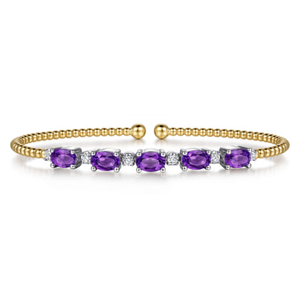 14K White-Yellow Gold Bujukan Bead Cuff Bracelet with Amethyst and Diamond Stations