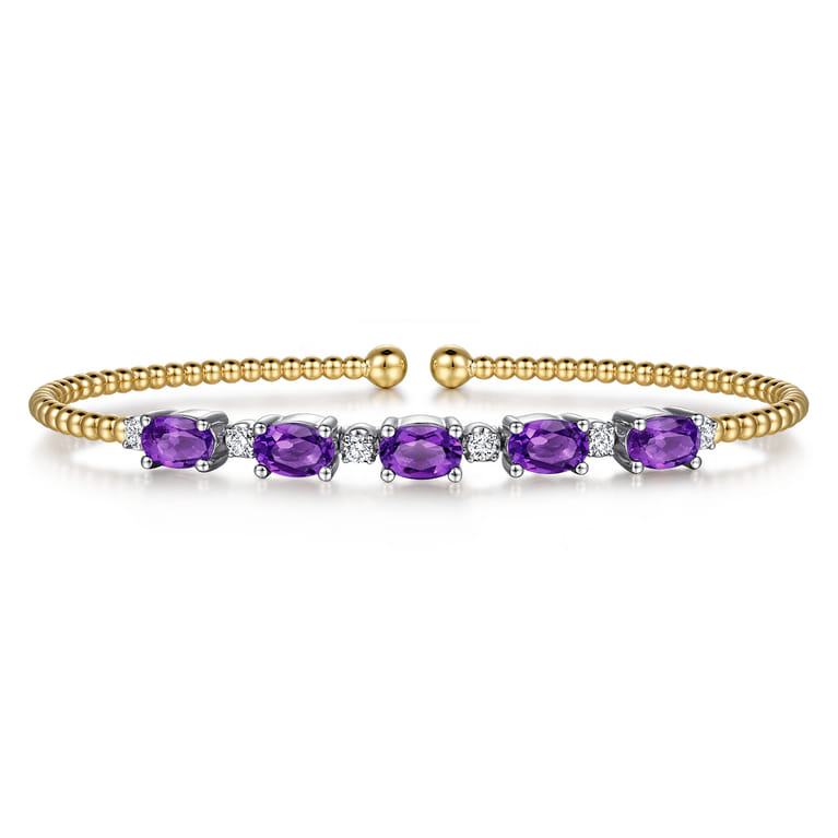 14K White-Yellow Gold Bujukan Bead Cuff Bracelet with Amethyst and Diamond Stations - 0.2 ct - Shot 1