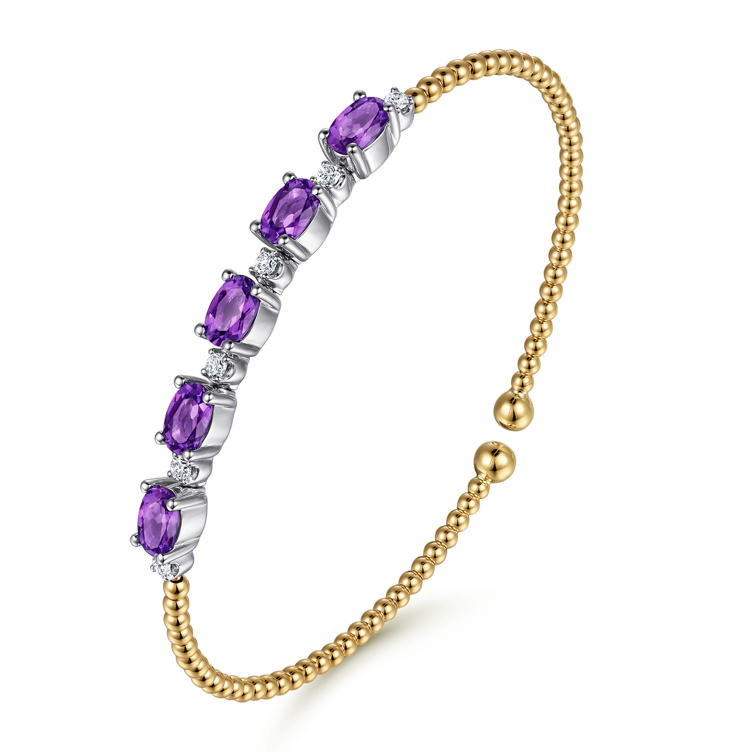 14K White-Yellow Gold Bujukan Bead Cuff Bracelet with Amethyst and Diamond Stations - 0.2 ct - Shot 2