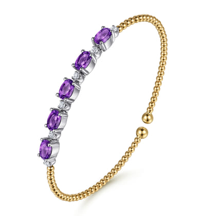 14K White-Yellow Gold Bujukan Bead Cuff Bracelet with Amethyst and Diamond Stations