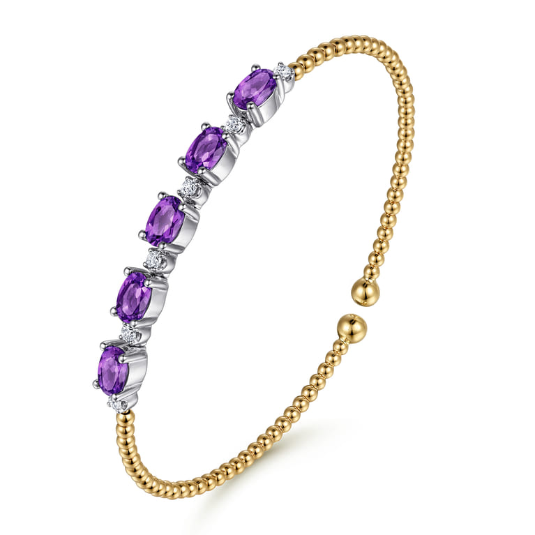 14K White-Yellow Gold Bujukan Bead Cuff Bracelet with Amethyst and Diamond Stations - 0.2 ct - Shot 2