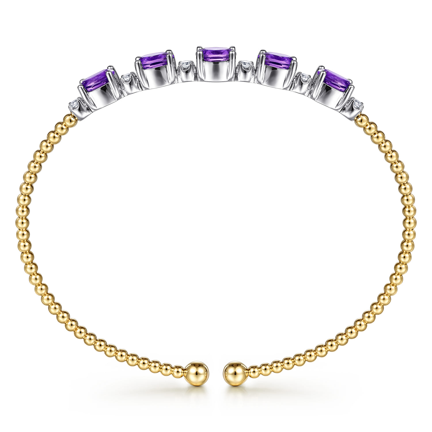 14K White-Yellow Gold Bujukan Bead Cuff Bracelet with Amethyst and Diamond Stations - 0.2 ct - Shot 3