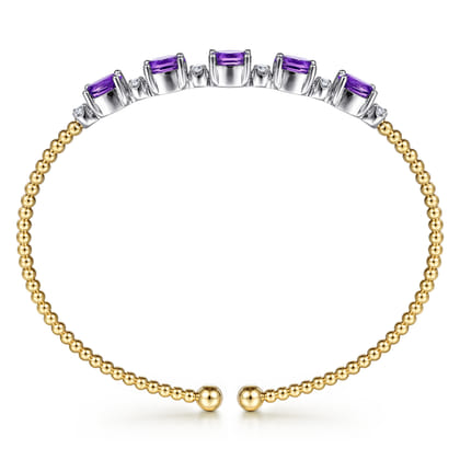 14K White-Yellow Gold Bujukan Bead Cuff Bracelet with Amethyst and Diamond Stations