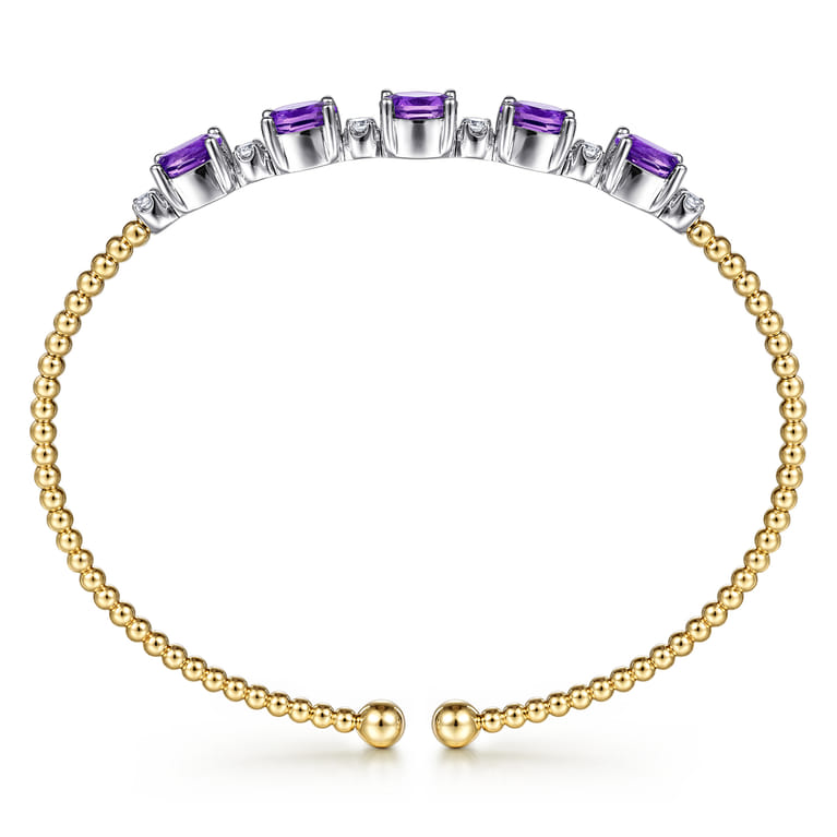 14K White-Yellow Gold Bujukan Bead Cuff Bracelet with Amethyst and Diamond Stations - 0.2 ct - Shot 3