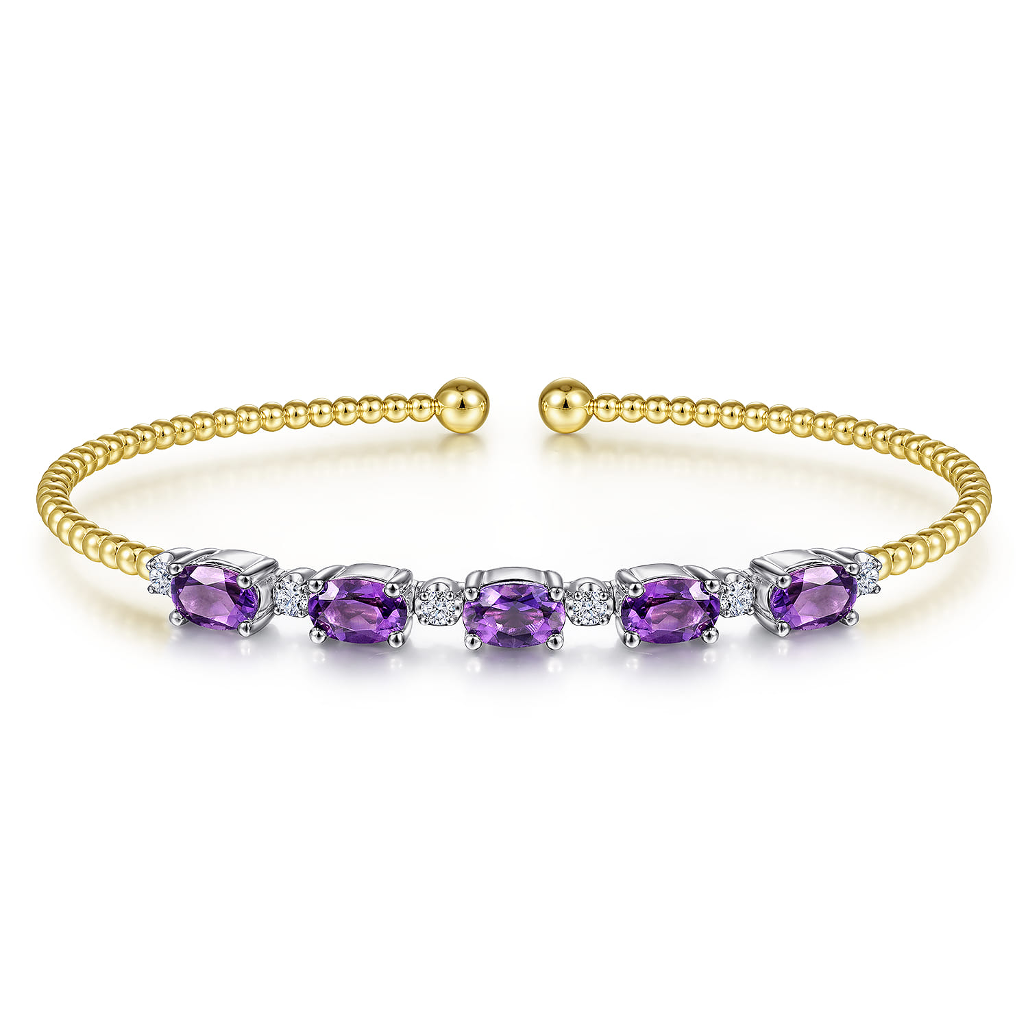 14K White-Yellow Gold Bujukan Bead Cuff Bracelet with Amethyst and Diamond Stations - 0.21 ct - Shot 1