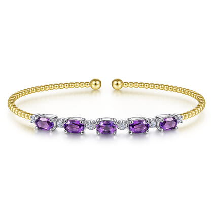 14K White-Yellow Gold Bujukan Bead Cuff Bracelet with Amethyst and Diamond Stations