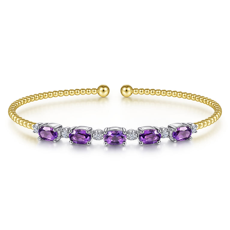 14K White-Yellow Gold Bujukan Bead Cuff Bracelet with Amethyst and Diamond Stations - 0.21 ct - Shot 1