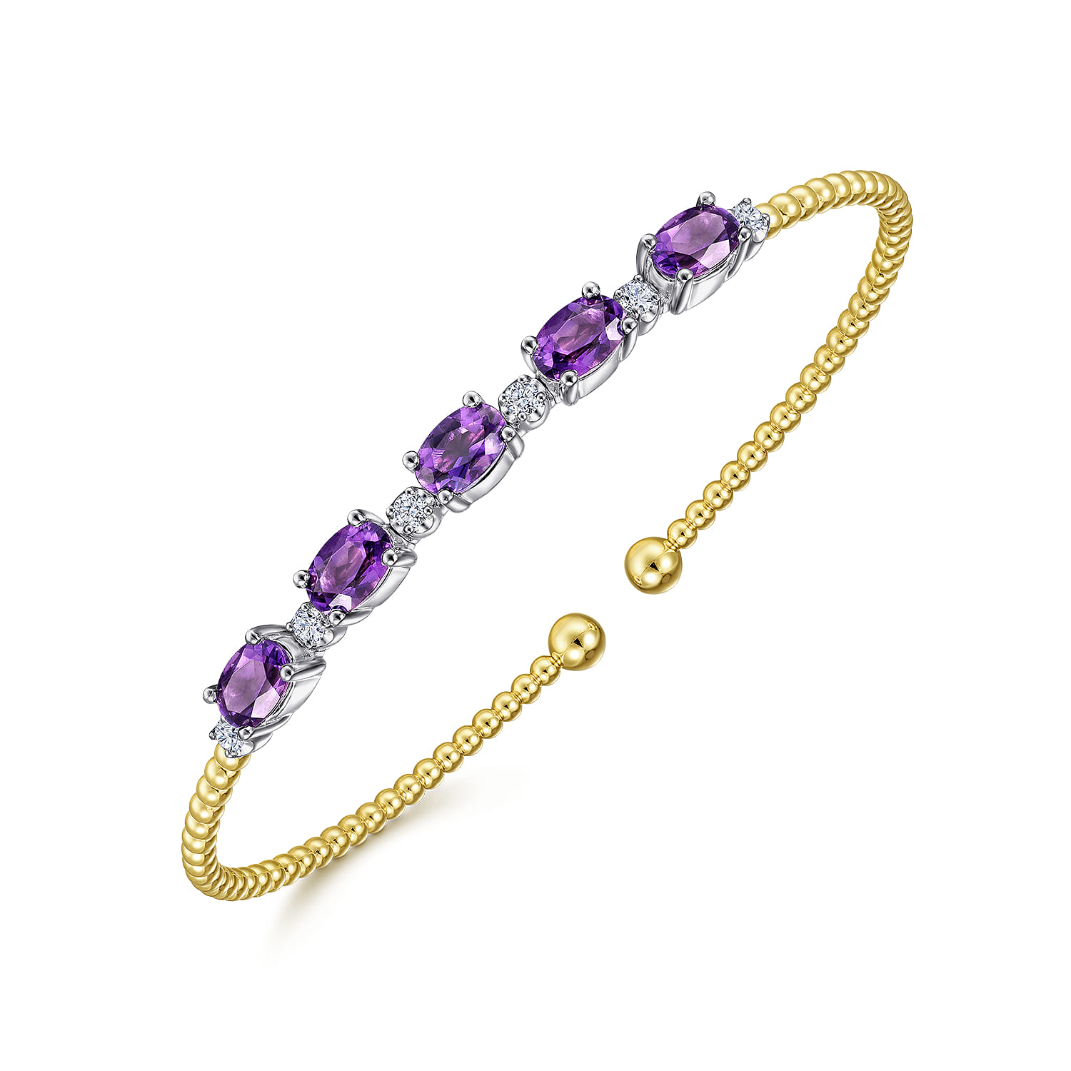 14K White-Yellow Gold Bujukan Bead Cuff Bracelet with Amethyst and Diamond Stations - 0.21 ct - Shot 2