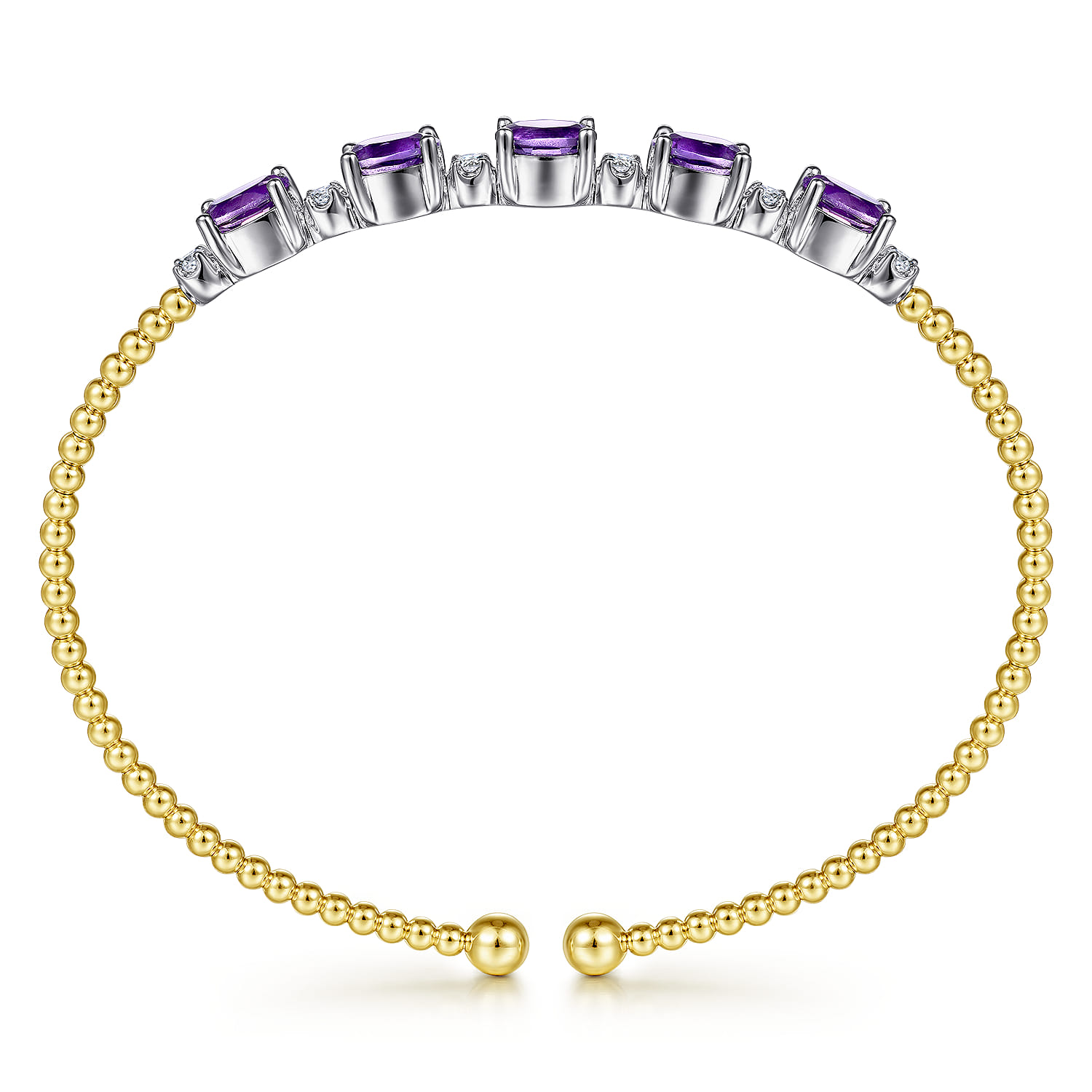 14K White-Yellow Gold Bujukan Bead Cuff Bracelet with Amethyst and Diamond Stations - 0.21 ct - Shot 3