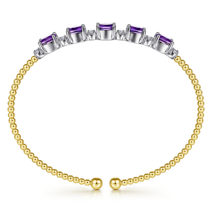 14K White-Yellow Gold Bujukan Bead Cuff Bracelet with Amethyst and Diamond Stations