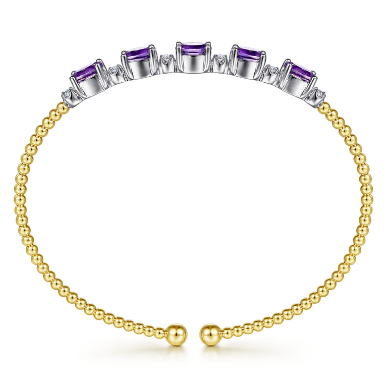 14K White-Yellow Gold Bujukan Bead Cuff Bracelet with Amethyst and Diamond Stations - 0.21 ct - Shot 3