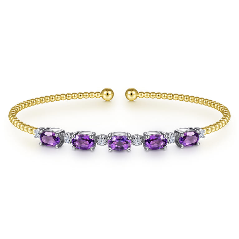 14K White-Yellow Gold Bujukan Bead Cuff Bracelet with Amethyst and Diamond Stations - 0.21 ct - Shot 1