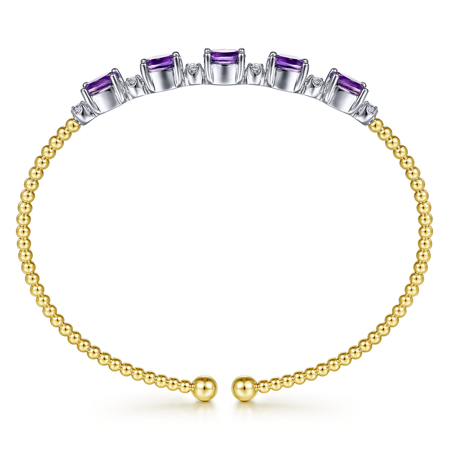 14K White-Yellow Gold Bujukan Bead Cuff Bracelet with Amethyst and Diamond Stations - 0.21 ct - Shot 3
