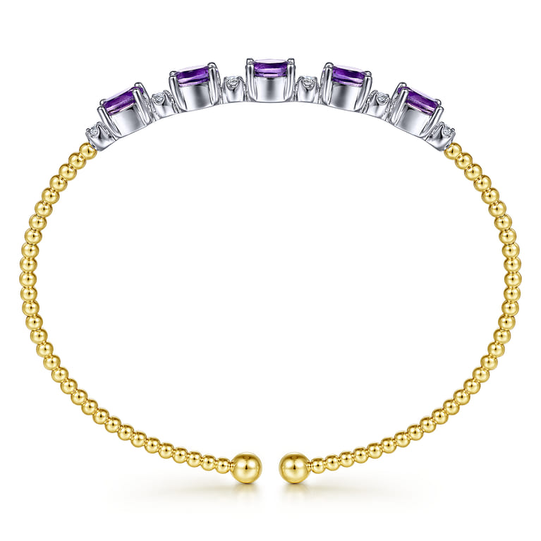 14K White-Yellow Gold Bujukan Bead Cuff Bracelet with Amethyst and Diamond Stations - 0.21 ct - Shot 3