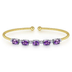 14K White-Yellow Gold Bujukan Bead Cuff Bracelet with Amethyst and Diamond Stations