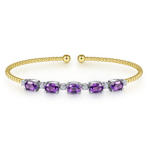 14K White-Yellow Gold Bujukan Bead Cuff Bracelet with Amethyst and Diamond Stations