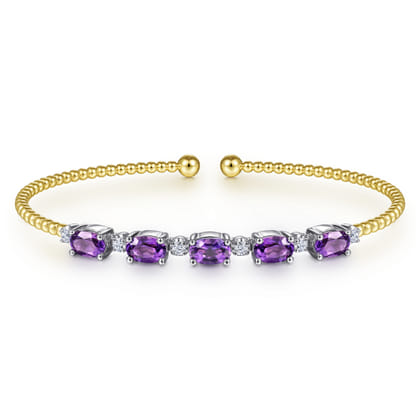 14K White-Yellow Gold Bujukan Bead Cuff Bracelet with Amethyst and Diamond Stations