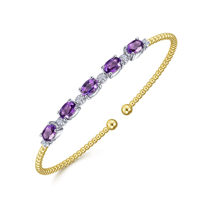 14K White-Yellow Gold Bujukan Bead Cuff Bracelet with Amethyst and Diamond Stations
