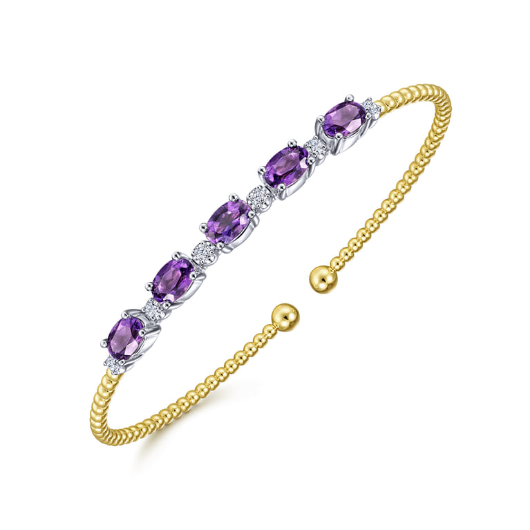 14K White-Yellow Gold Bujukan Bead Cuff Bracelet with Amethyst and Diamond Stations - 0.2 ct - Shot 2