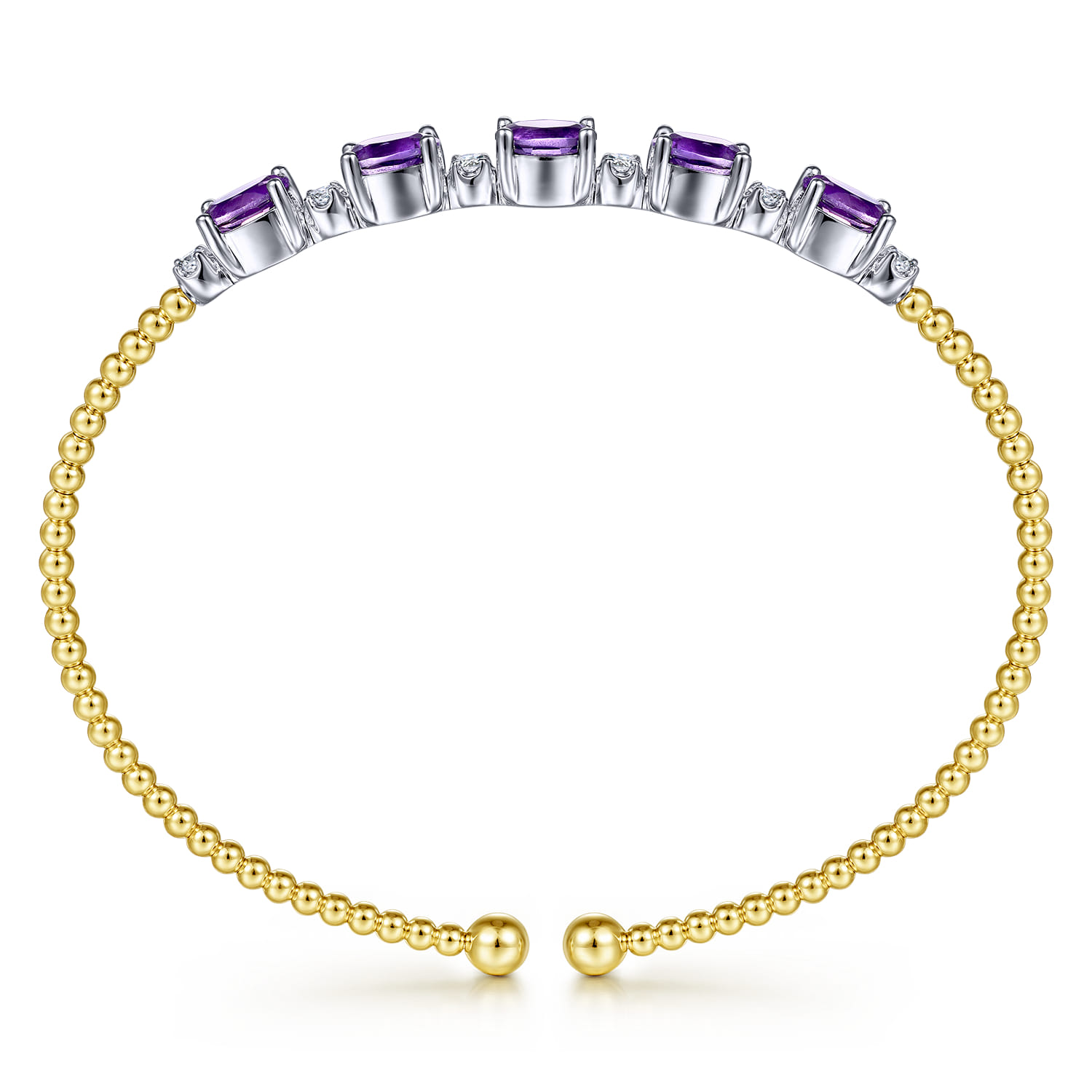 14K White-Yellow Gold Bujukan Bead Cuff Bracelet with Amethyst and Diamond Stations