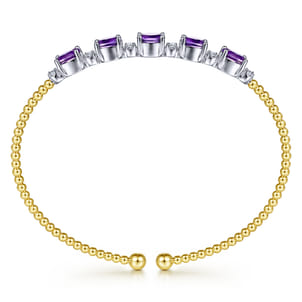 14K White-Yellow Gold Bujukan Bead Cuff Bracelet with Amethyst and Diamond Stations