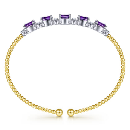 14K White-Yellow Gold Bujukan Bead Cuff Bracelet with Amethyst and Diamond Stations