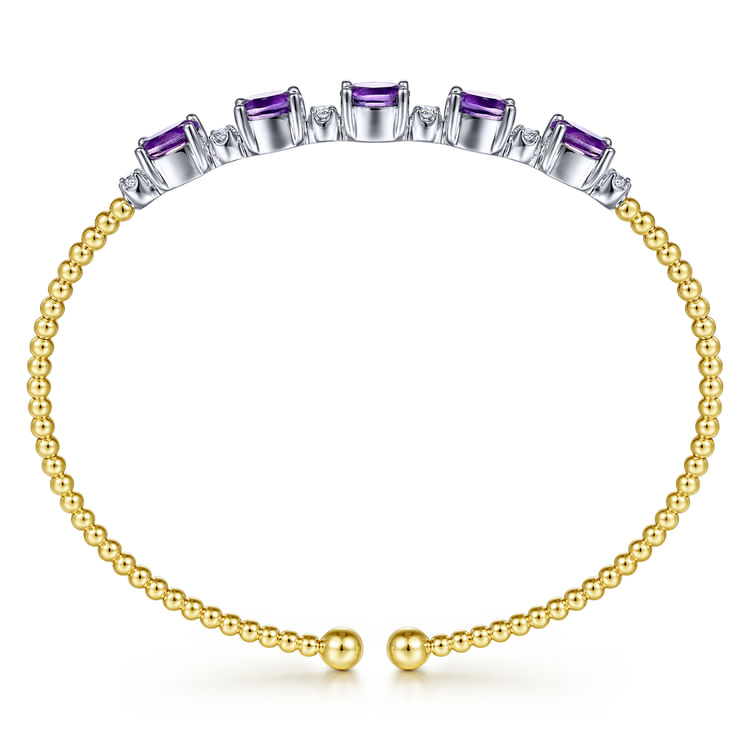 14K White-Yellow Gold Bujukan Bead Cuff Bracelet with Amethyst and Diamond Stations